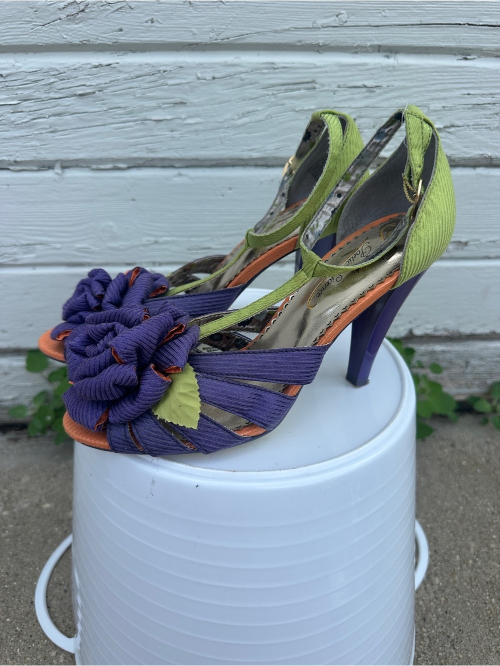 Poetic License Purple & Lime Floral Knot Slingback Heels